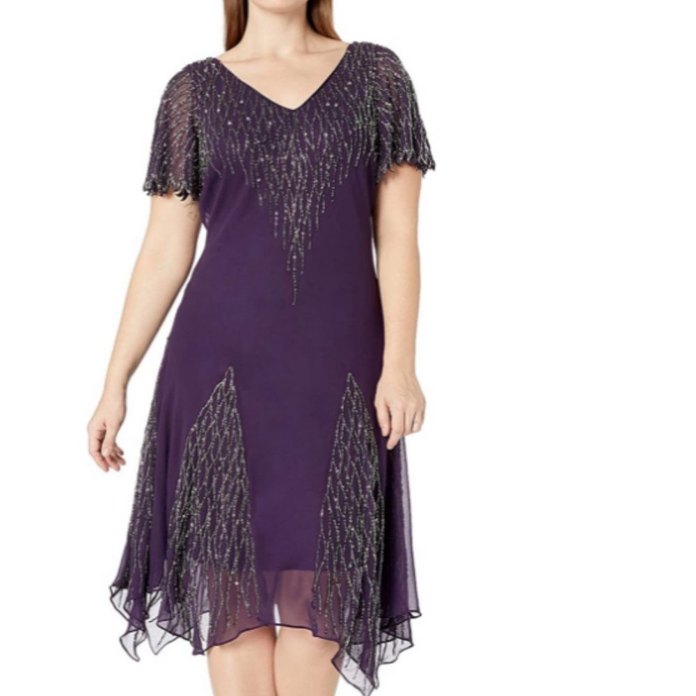 J Kara Women's Plus Size Short Beaded Dress Wine/Mercury